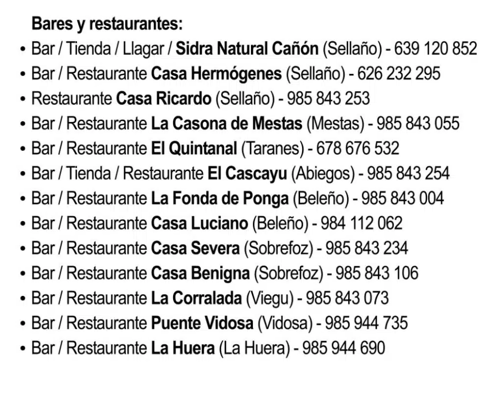Bares y restaurantes en el mapa turistico de Ponga